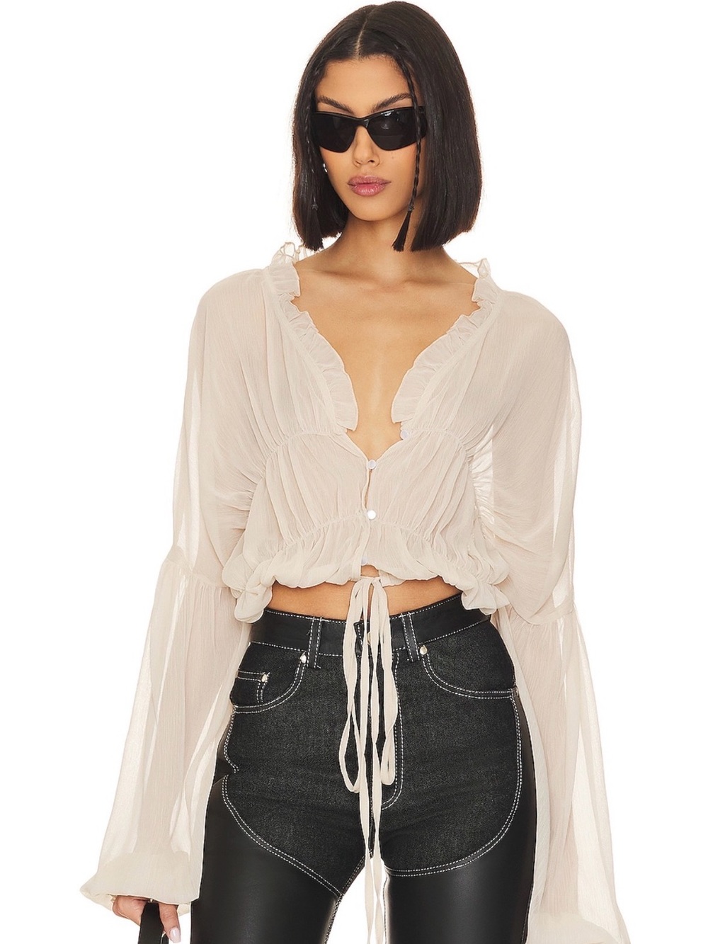 Cropped Ruffle Tie-Front Blouse in Cream